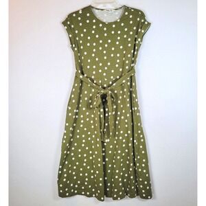 Boden Women Polka Dot Cotton Tie Waist Midi Dress Size 2P Green Twee 50s Sockhop